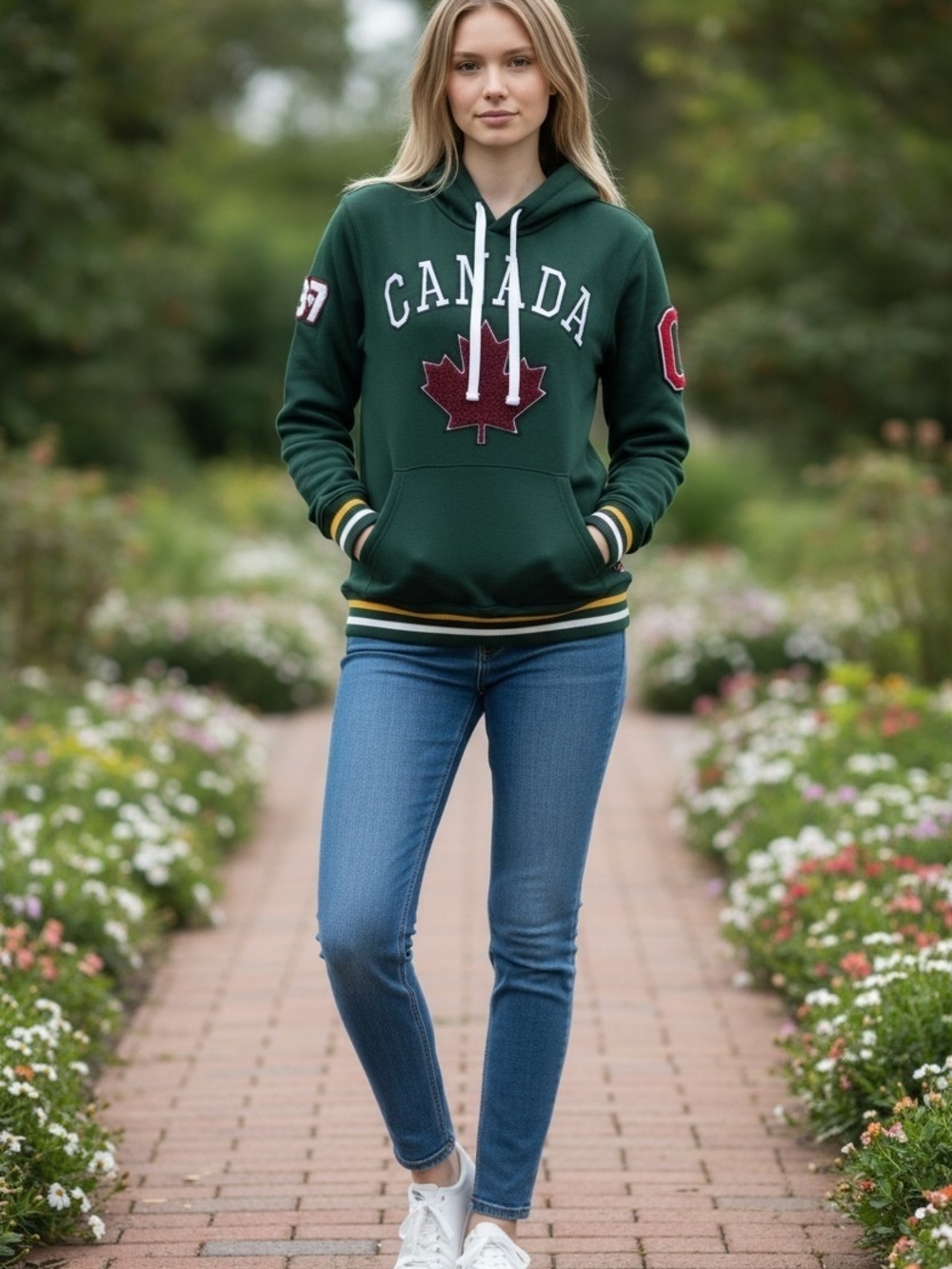 Women's Dark Green Canada Maple Leaf Pullover Hoodie